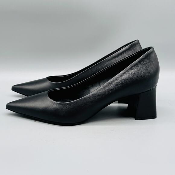 AGL Shoes Womens 8 Black Leather Pumps Pointed Toe Slip On Classic Block Heel - Picture 5 of 11